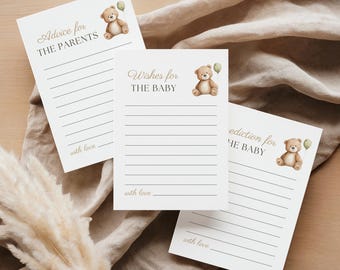 Cartões de conselhos para chá de bebê com tema de ursinho de pelúcia, desejos para o bebê e previsões, jogo editável para chá de bebê no Canva, cartões de atividades para guardar de lembrança.