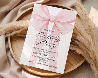 Pink Bow Birthday Invite, Girls Birthday Party Invitation, Pink Ribbon Invite, Pink Coquette Bow Invites, Digital Download Editable Template