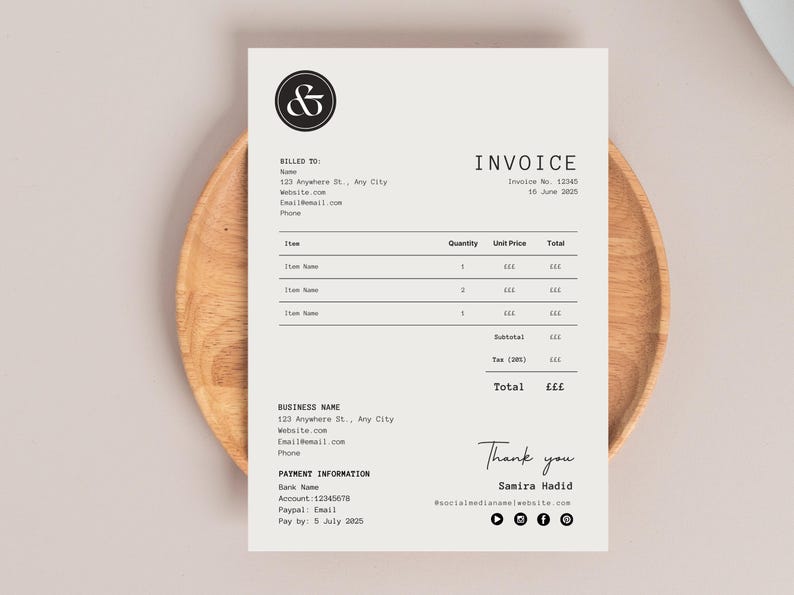 May include: A black and white invoice template with the text "Invoice" and the ampersand symbol. The invoice includes a section for billing information, a table for itemized costs, and a section for payment information. The invoice also includes the text "Thank you" and the name "Samira Hadid".