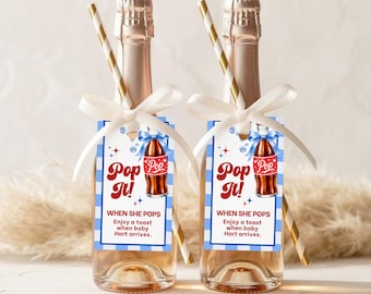 She's Ready to Pop Champagne Bottle Tags, Pop It When She Pops Favor Tags, Editable Canva Baby Shower Gift Tags, Soda Pop Party Labels