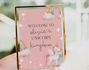 Bearbeitbares Einhorn-Geburtstagsfeierschild, benutzerdefinierte Pastellregenbogenvorlage, Mädchen-Einhorn-Partydekor, druckbares magisches Partyschild