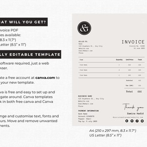 May include: A black and white invoice template with the text "FULLY EDITABLE TEMPLATE" and "WHAT WILL YOU GET?"  The template is available in two sizes: A4 (8.3 x 11.7 inches) and US Letter (8.5 x 11 inches).
