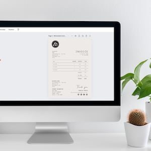 May include: A computer screen displaying a minimalist invoice template with the text "INVOICE" and a business logo with an ampersand symbol. The invoice includes a table with columns for item, quantity, price, and total. The invoice also includes business information and a thank you message.