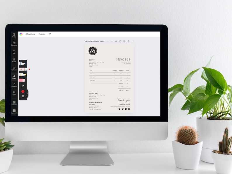 May include: A computer screen displaying a minimalist invoice template with the text "INVOICE" and a business logo with an ampersand symbol. The invoice includes a table with columns for item, quantity, price, and total. The invoice also includes business information and a thank you message.