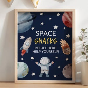 Letrero editable de refrigerios espaciales, decoración de mesa para cumpleaños del espacio exterior, imprimible para fiesta de niño con temática galáctica, plantilla personalizada de letrero de comida para fiesta de cohetes