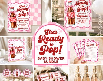 Ready to Pop Baby Shower Decorations Bundle, She's Ready to Pop Canva Template, Pink Girl Baby Shower Printable Decor, Invitation & Games