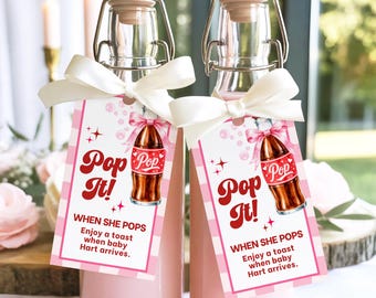 Pop It When She Pops Baby Shower Favor Tags, Editable Canva Template, Champagne Bottle Tags, Pink Soda Pop Party Decor, Printable Favor Tags