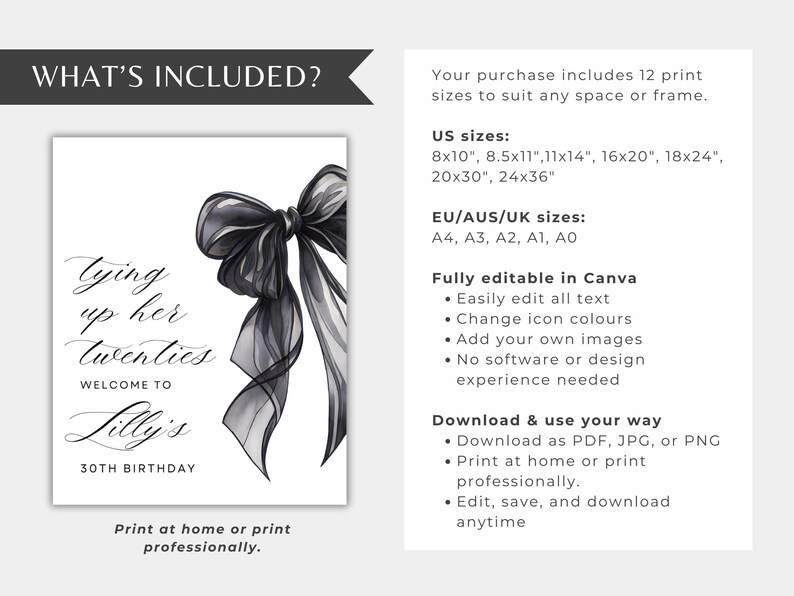 Shes Tying up her Twenties 30th Birthday Sign, Black Bow Invite, 30th Birthday Invite, Coquette Birthday, Instant Download image 5