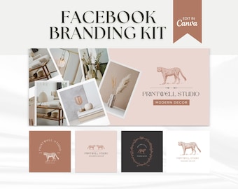 May include: A Facebook branding kit with the text "FACEBOOK BRANDING KIT" and "EDIT IN Canva". The design features a collage of interior design images, a cheetah illustration, and the text "PRINTWELL STUDIO MODERN DECOR".
