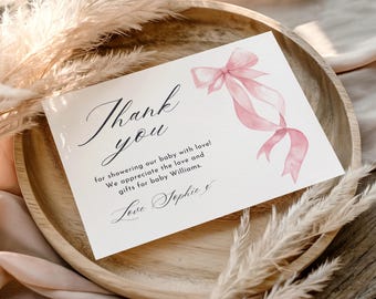 Pink Bow Baby Shower Thank You Card Template, Baby Girl Thank You Card, Editable Canva Template, Printable Baby Shower Thank You Card