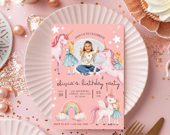Bearbeitbare Einhorn-Geburtstagseinladung, Pastellregenbogen-Party einladen, Mädchen funkeln Thema, druckbare Canva Vorlage, digitaler Download