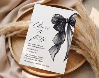 40th Birthday Invite, Elegant Black Bow Birthday Invitation, Minimalist Black Ribbon Design, Coquette Printable Invitation, Forty Invite