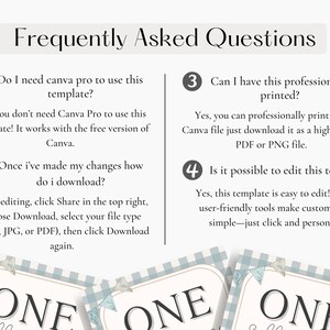 May include: A digital template with the text "Frequently Asked Questions" at the top. The questions address Canva Pro usage, downloading, printing, and editing. The bottom features "ONE" cards with a blue gingham pattern.