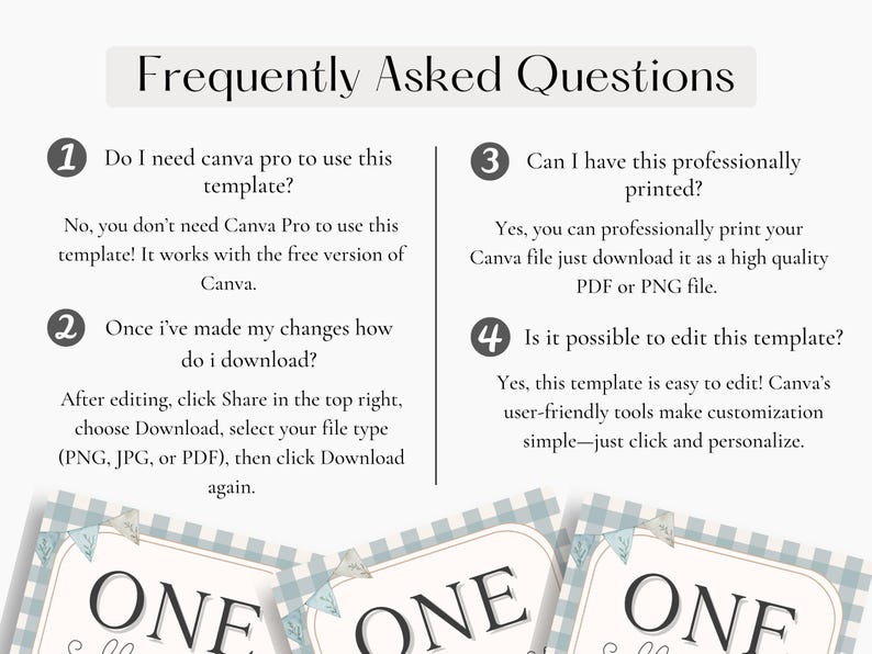 May include: A digital template with the text "Frequently Asked Questions" at the top. The questions address Canva Pro usage, downloading, printing, and editing. The bottom features "ONE" cards with a blue gingham pattern.