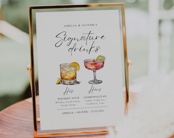 Letrero de bebidas de boda, letrero de cóctel, menú de bar, letrero de bebidas, bebidas para él y para ella, bebida para novios, plantilla editable