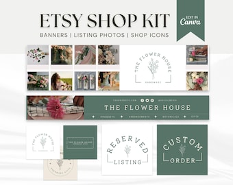 Puede incluir: Un kit de tienda Etsy verde y blanco para una tienda de flores llamada "The Flower House". El kit incluye pancartas, fotos de productos e iconos de tienda. El logotipo de la tienda presenta un diseño floral y el texto "The Flower House Handmade".