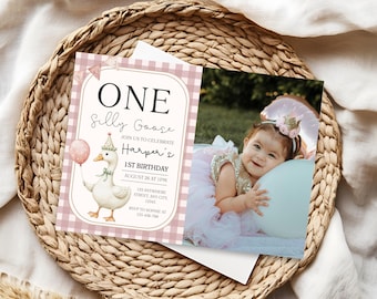 One Silly Goose First Birthday Invitation Template, Editable Photo 1st Birthday Party Invitations, Printable Silly Goose Birthday Invites