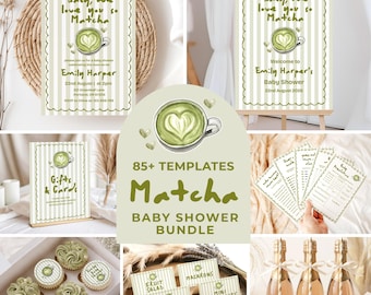 Matcha Baby Shower Bundle, 85+ Editable Canva Templates, Printable Baby Shower Decorations, Invitation, Games, Signs, Food Labels, Stickers