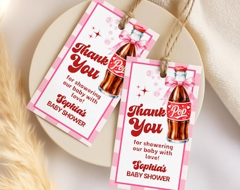 She's Ready to Pop Baby Shower Favor Tags, Editable Canva Template, Pink Soda Pop Thank You Tags, Printable Party Favors, Retro Party Decor