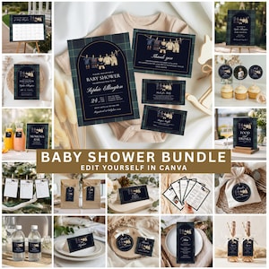 May include: A selection of baby shower stationery featuring a navy and green tartan pattern. The set includes invitations, thank you cards, and various labels and signs. Text reads "Baby Shower Bundle Edit Yourself in Canva".