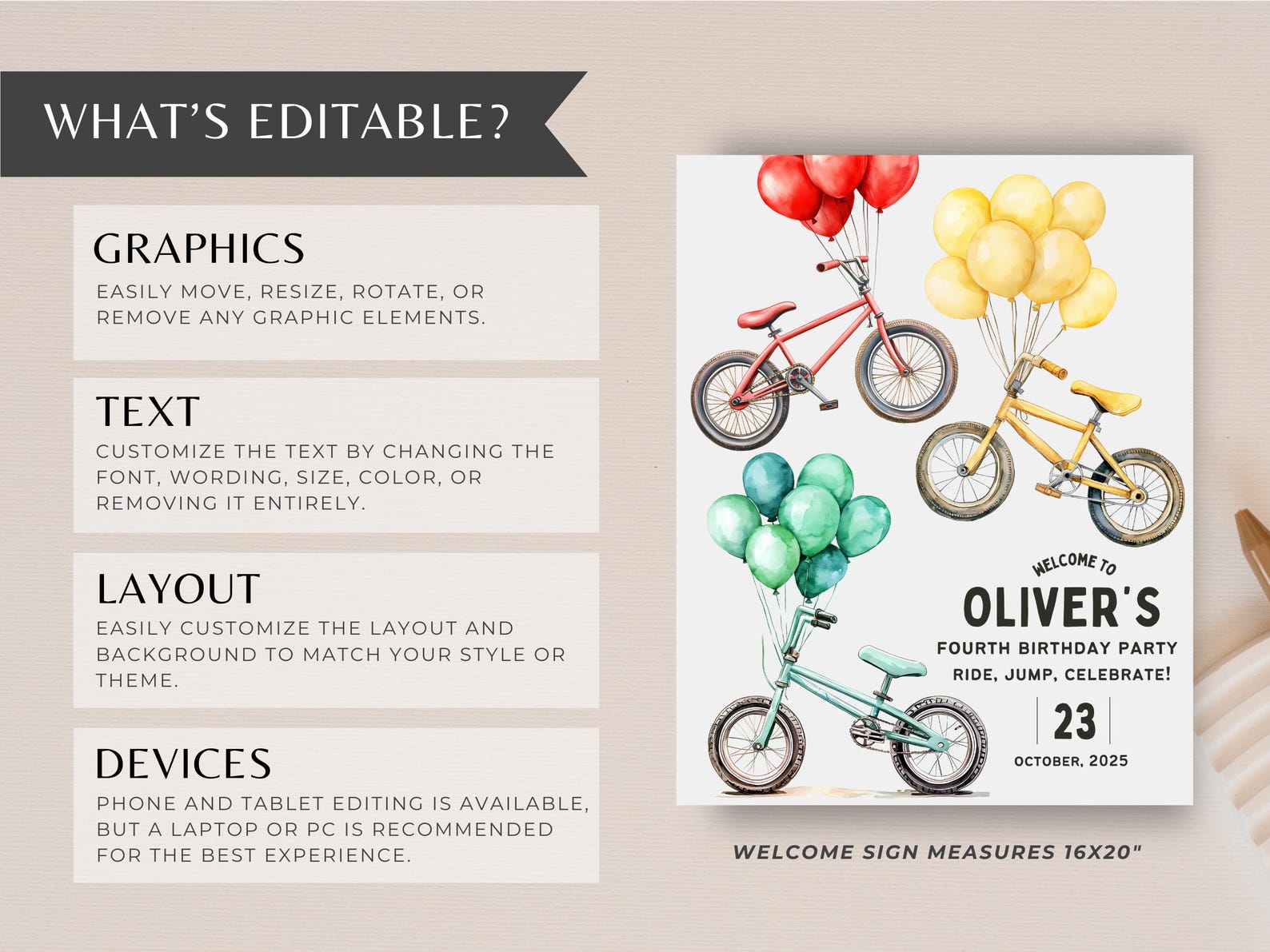Editable Bike Birthday Welcome Sign Bicycle Boy Birthday Welcome Poster ...