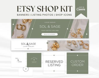 May include: A green and white Etsy shop kit for jewelry sellers. The kit includes banners, listing photos, and shop icons. The banners feature gold jewelry on a white background with the text "SOL & SAGE" and "Luxury Jewelry". The listing photos show close-ups of the jewelry. The shop icons include a logo, a reserved listing icon, and a custom order icon.