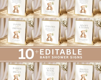 Decoração de Chá de Bebê com Tema de Ursinho de Pelúcia - Modelo para Canva, Decoração Neutra para Chá de Bebê, Pacote de Placas de Festa Editáveis e Imprimíveis, Download Instantâneo