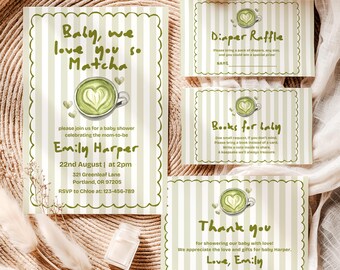 Baby We Love You So Matcha Baby Shower Bundle, Editable Canva Invitation Suite, Books for Baby, Diaper Raffle, Thank You Cards