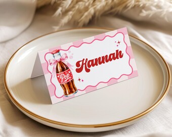 She's Ready to Pop Place Card Template, Editable Canva Baby Shower Seating Card, Pink Soda Pop Table Name Card, Printable Tent Card
