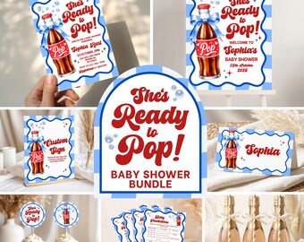 She's Ready to Pop Baby Shower Bundle, Editable Canva Template, Retro Soda Pop Decorations, Printable Invitation, Games, Digital Download
