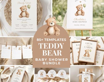 Kit para Chá de Bebê com Tema de Ursinho de Pelúcia, Modelos Editáveis do Canva, Decorações Imprimíveis com Tema de Ursinho de Pelúcia, Conjunto de Decoração Neutra para Chá de Bebê, Jogos para Chá de Bebê