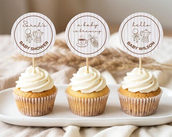 Baby Is Brewing Cupcake Toppers, Coffee Baby Shower Cupcake Picks, Editable Canva Template, Printable Baby Shower Decorations