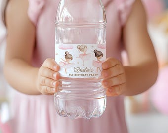 Bearbeitbare Wasserflasche Etikett Ballett Wasserflasche, 1. Geburtstagsfeier, rosa Ballerina Geburtstag Party Dekor Druckbare Digitaler Download