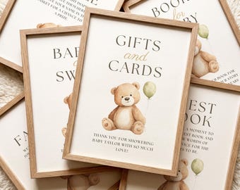Pacote de placas editáveis para chá de bebê no Canva, decoração para chá de bebê com tema de ursinho de pelúcia, decorações para chá de bebê para imprimir, conjunto de placas para festa "faça você mesmo".