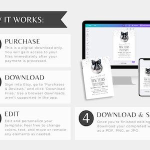 May include: Digital New Year's Eve party invitation template displayed on a computer monitor, phone, and printed card. The invitation features a black bow and text. Instructions on how to purchase, download, edit, and save the template are also included.