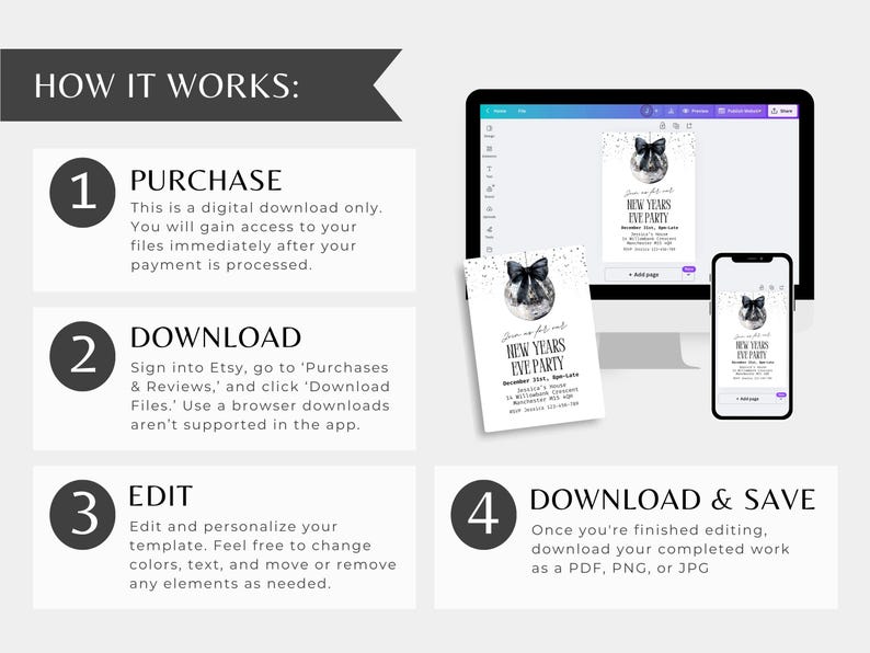 May include: Digital New Year's Eve party invitation template displayed on a computer monitor, phone, and printed card. The invitation features a black bow and text. Instructions on how to purchase, download, edit, and save the template are also included.