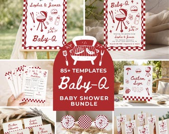 Baby-Q Baby Shower Bundle, BBQ Baby Shower Decorations, Editable Canva Templates, Invitation, Games, Signs, Printable Party Decor