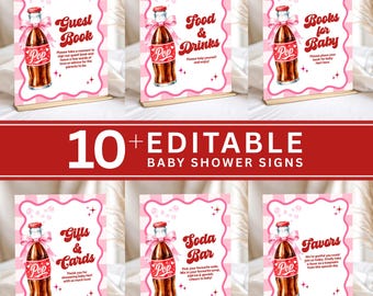 Baby Shower Sign Bundle, Editable Canva Templates, She’s Ready to Pop Decor, Pink Retro Soda Pop Signs, Printable Welcome & Party Signage