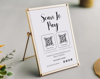 Plantilla de letrero de escaneo para pagar, letrero de código QR, letrero de pago imprimible, letrero de pagos aceptados, letrero de Paypal de CashApp, letrero de pago aquí, caligrafía