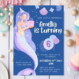 Mermaid Birthday Invitation, Editable Party Supply, Kids Invitation Template, Girl Birthday Invite, Under the Sea Invitation, Gift for Girl