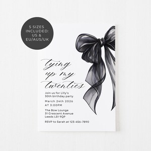 Invito per il 30° compleanno di Shes Thing up her Twenties, invito con fiocco nero, invito per il 30° compleanno, compleanno Coquette, download immediato immagine 4