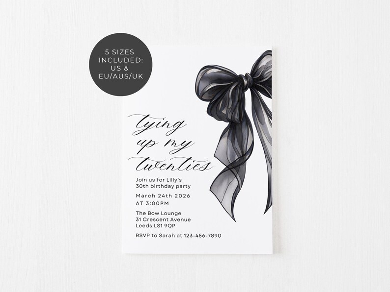 Invito per il 30° compleanno di Shes Thing up her Twenties, invito con fiocco nero, invito per il 30° compleanno, compleanno Coquette, download immediato immagine 4