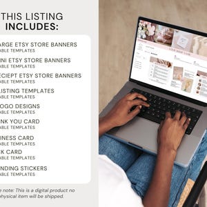 以下が含まれることがあります： Etsyショップのデザインが表示されたラップトップ。ストアバナー、リスティングテンプレート、ロゴデザイン、サンキューカード、名刺、ラックカード、ブランディングステッカーなど、デジタルテンプレートのリストが含まれています。「このリストには以下が含まれます」と「ご注意：これはデジタル製品であり、物理的なアイテムは発送されません」というテキスト。