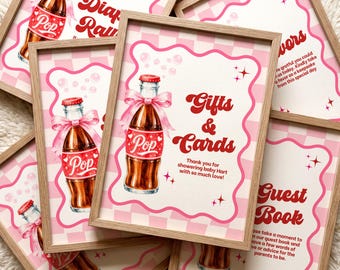 She’s Ready to Pop Baby Shower Signs, Editable Canva Templates Bundle, Pink Soda Pop Party Decor, Printable Welcome, Guest Book & Gift Signs