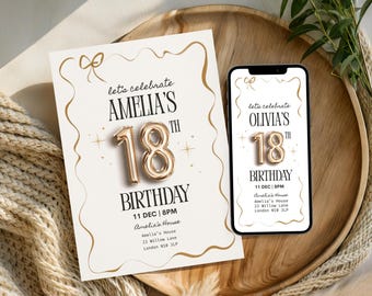Modello di invito digitale per il 18° compleanno, invito elettronico per la festa del 18° compleanno, invito digitale dorato, festa di compleanno glitterata, modello modificabile