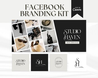 May include: A black and white branding kit for a business called "Studio Haven". The kit includes a logo, a banner, and social media graphics. The logo features a stylized font and the text "Studio Haven". The banner features the same logo and the text "New Arrivals". The social media graphics feature the logo and the text "Studio Haven".