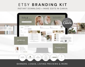 May include: An Etsy branding kit displayed on a computer monitor, featuring a website design, business card, and various marketing materials. The kit includes editable templates for banners, logos, and listing previews. The text on the screen reads "ETSY BRANDING KIT" and "EDIT IN Canva."