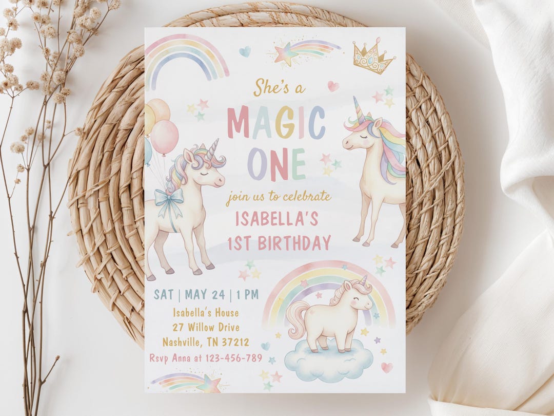 Unicorn Rainbow Girl’s Birthday Party Digital Invitation Template, Pink ...