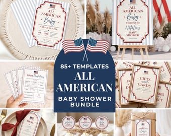 Kit para Chá de Bebê com Tema Americano, Decoração para Chá de Bebê do Dia da Independência (4 de Julho), Modelos Editáveis do Canva, Imprimíveis para Festa em Vermelho, Branco e Azul