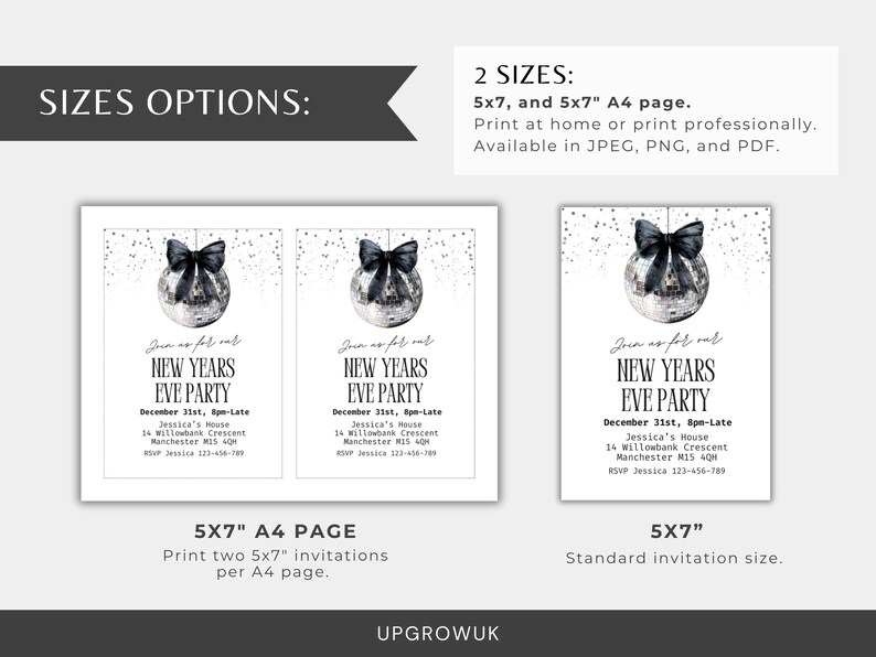 May include: New Year's Eve party invitations in two sizes: 5x7 inches and 5x7 inches A4 page. The design features a silver disco ball with a black bow, and the text "New Years Eve Party". Includes event details and RSVP information.